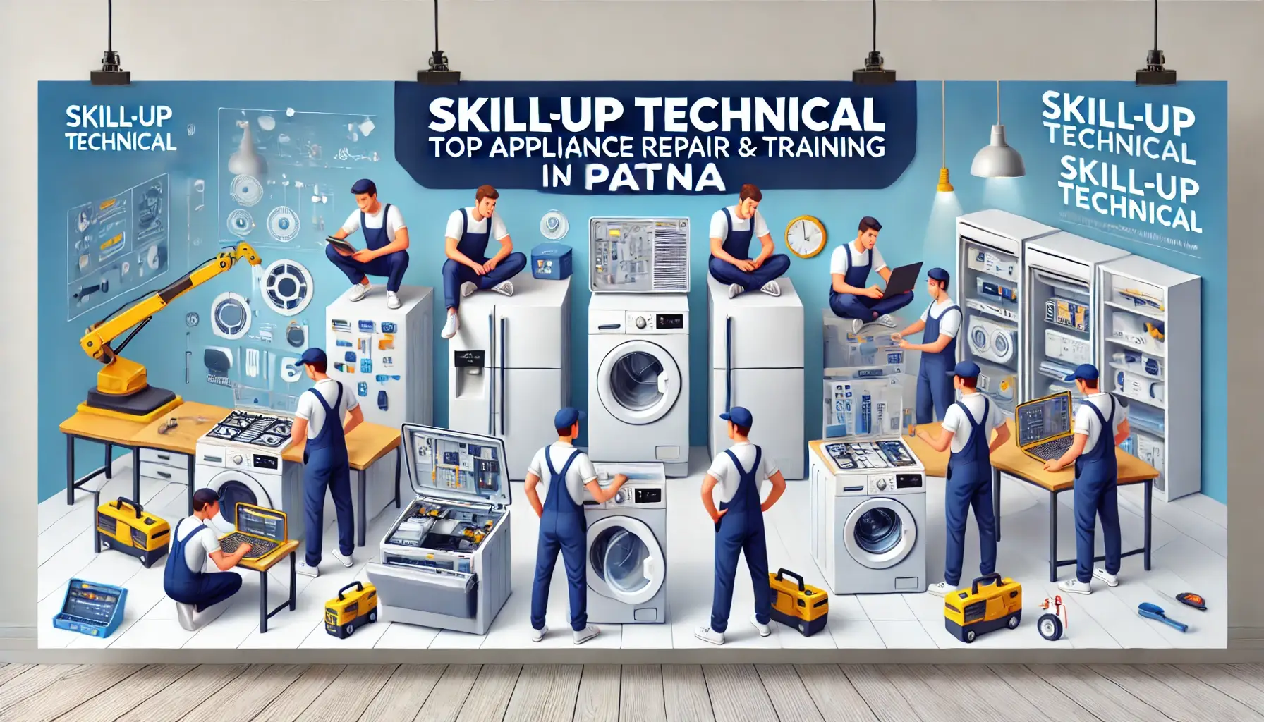 A visually appealing banner showcasing a top appliance repair training center in Patna, labeled "SkillUp Technical." The image features various home appliances, such as washing machines, refrigerators, air conditioners, and microwaves, being repaired by skilled technicians. Trainees are shown actively engaged in hands-on learning, emphasizing both repair services and training programs offered by SkillUp Technical, a top provider in Patna.